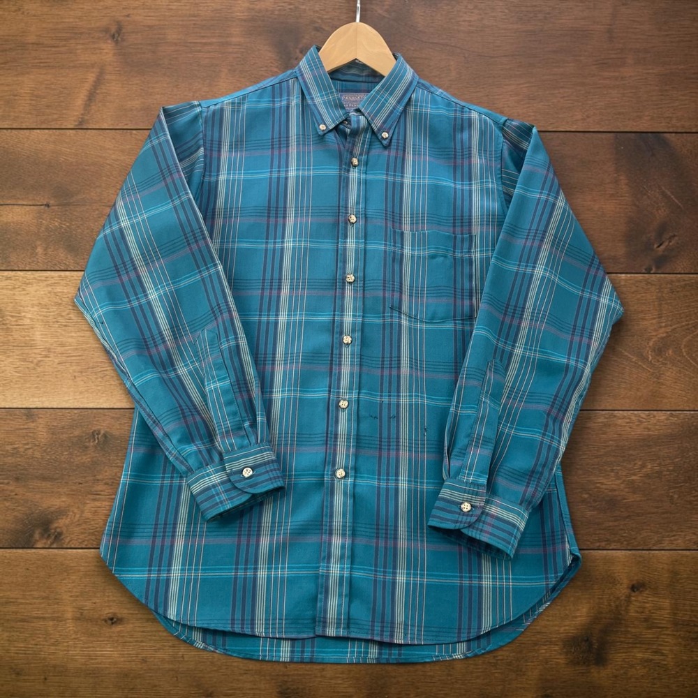 Made in USA Vintage Pendleton Sir Wool Plaid Blue Teal Shirt Mens (M) - FLAWS